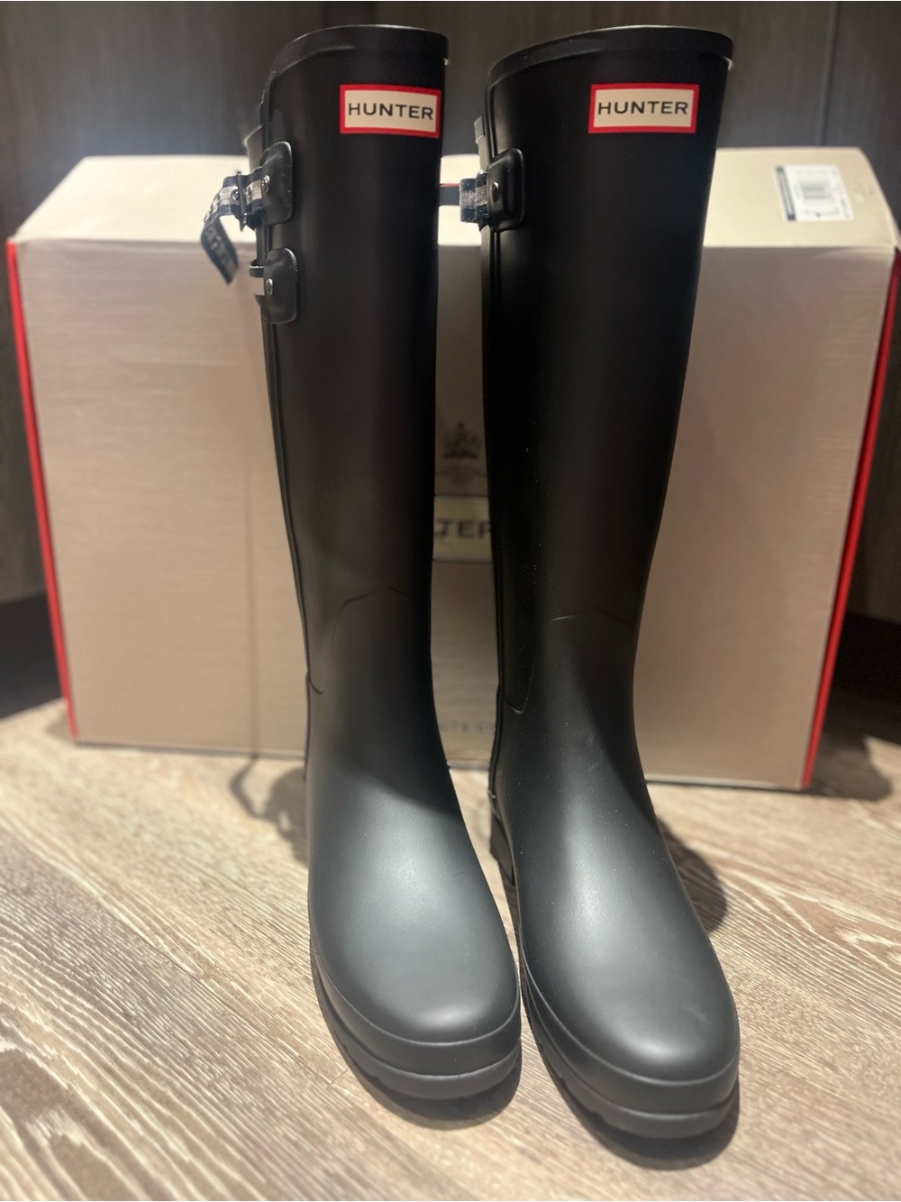 Hunter Black Tall Gloss Rain Boots with Side Buckles